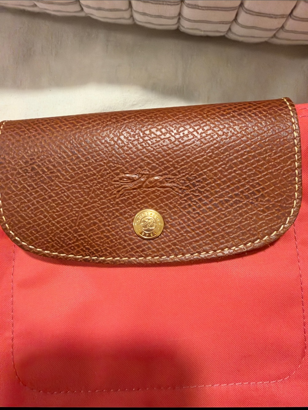 Longchamp Nylon Tote in Coral with Brown Trim - Picture 10 of 12